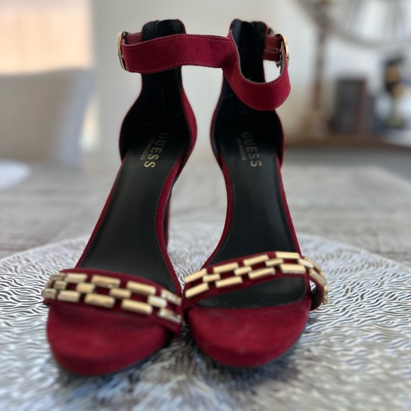 Suede Red/ Gold Ankle Strap Heels - Picture 5 of 6